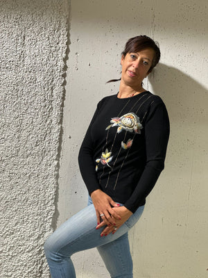 MAGLIONE DONNA RAGAZZA GIROCOLLO STRASS FIORI MARCA ELEONORA DELBONO ART. NL611