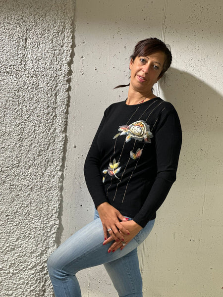 MAGLIONE DONNA RAGAZZA GIROCOLLO STRASS FIORI MARCA ELEONORA DELBONO ART. NL611