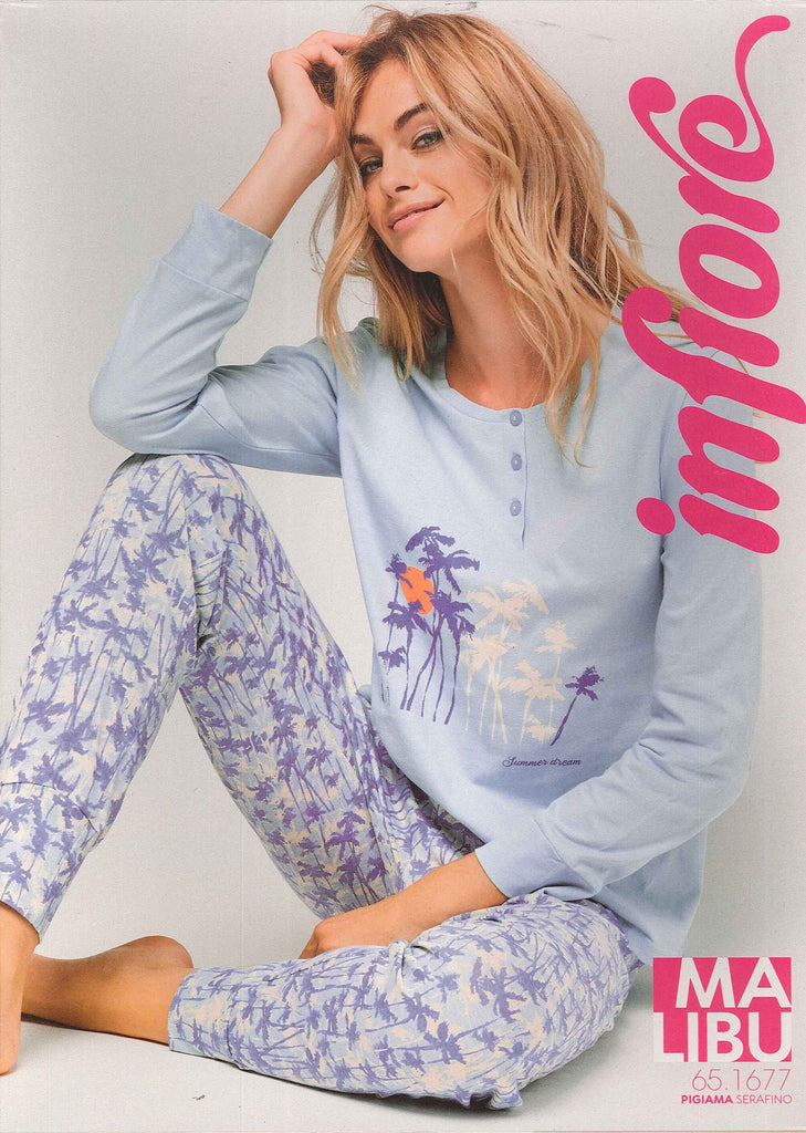 PIGIAMA DONNA PURO COTONE SERAFINO BOTTONI POLSINI PALME INFIORE ART. MLA651677