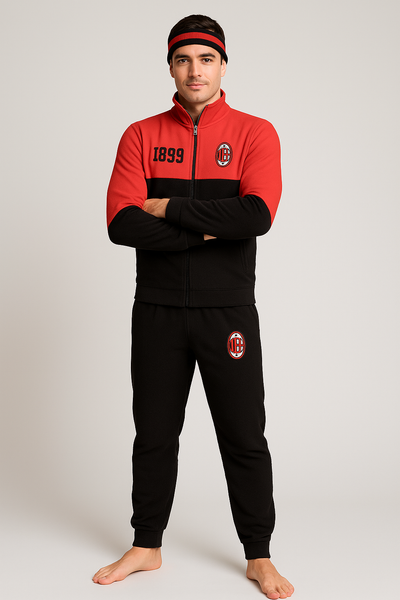 Pigiama Milan In Pile Per Ragazzi - Ufficiale, Full Zip, Caldo E Comodo Per L'inverno