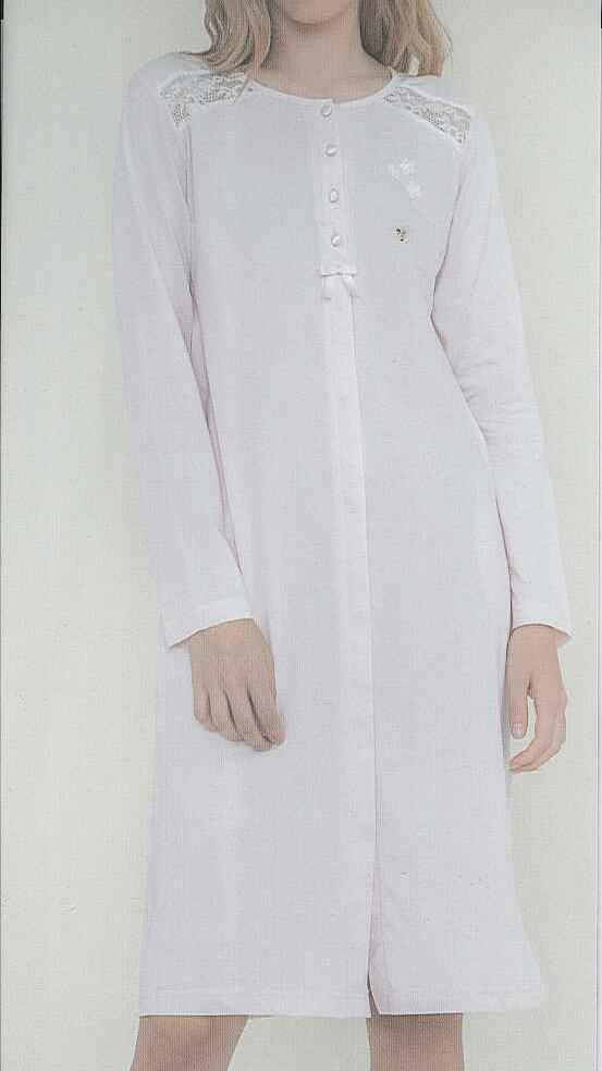 CAMICIA DA NOTTE APERTA DONNA RAGAZZA PURO COTONE BOTTONI PIZZO MARCA NOIDINOTTE ART.LA2321AS