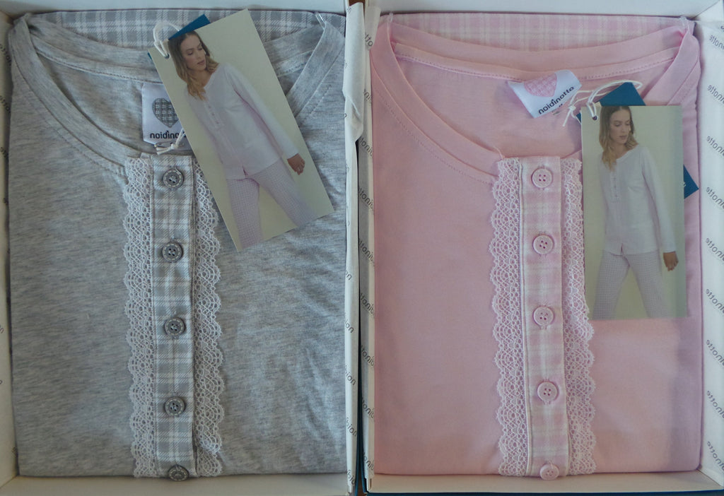 PIGIAMA APERTO DONNA RAGAZZA PIZZO QUADRI PURO COTONE NOIDINOTTE ART. FA7319AS