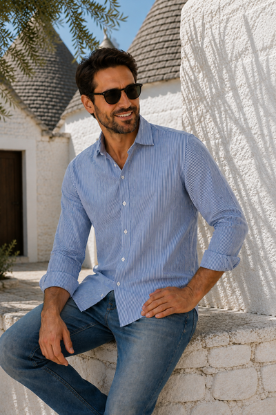 CAMICIA UOMO X-CAPE MANICA LUNGA FANTASIA A RIGHE COTONE LINO SIM FIT ART. MYSUN