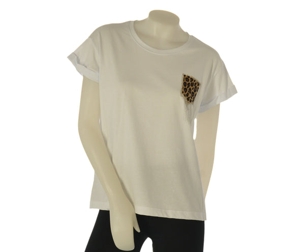 T-SHIRT DONNA GRIFFAI MANICA CORTA TASCHINO LEOPARDATO STRASS PARICOLLO COTONE MORBIDA ART. 6512