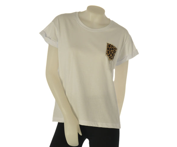 T-SHIRT DONNA GRIFFAI MANICA CORTA TASCHINO LEOPARDATO STRASS PARICOLLO COTONE MORBIDA ART. 6512