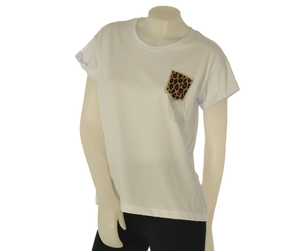 T-SHIRT DONNA GRIFFAI MANICA CORTA TASCHINO LEOPARDATO STRASS PARICOLLO COTONE MORBIDA ART. 6512