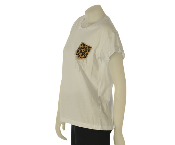 T-SHIRT DONNA GRIFFAI MANICA CORTA TASCHINO LEOPARDATO STRASS PARICOLLO COTONE MORBIDA ART. 6512