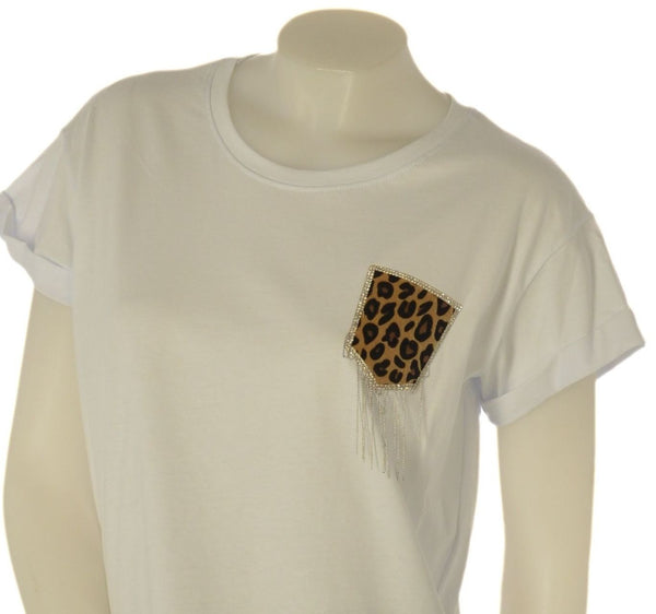 T-SHIRT DONNA GRIFFAI MANICA CORTA TASCHINO LEOPARDATO STRASS PARICOLLO COTONE MORBIDA ART. 6512