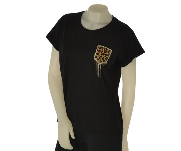 T-SHIRT DONNA GRIFFAI MANICA CORTA TASCHINO LEOPARDATO STRASS PARICOLLO COTONE MORBIDA ART. 6512