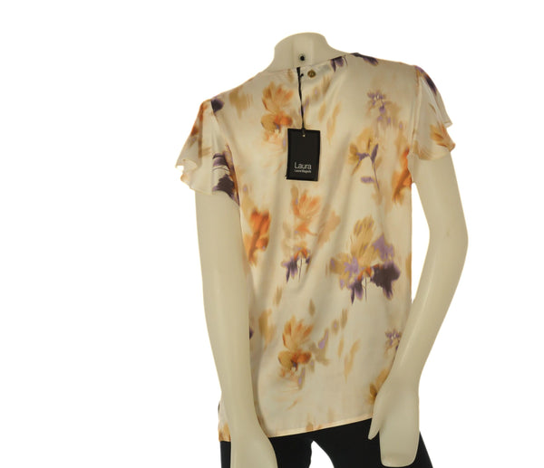 BLUSA DONNA LAURA BIAGIOTTI MANICA CORTA RASO SCOLLO A V FANTASIA SPACCHI ART. LB26P1418