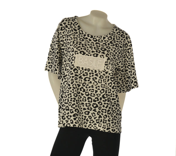 T-SHIRT DONNA BASILE MANICA CORTA JERSEY COTONE FANTASIA ANIMALIER STRASS LOGO ART. BEW237