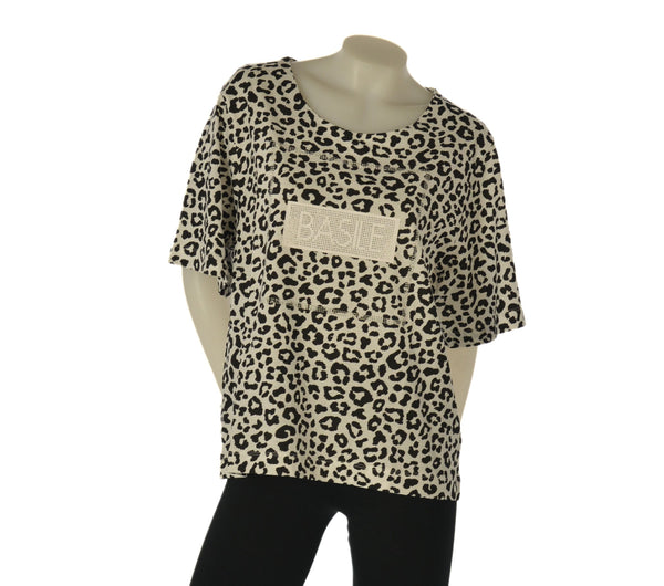 T-SHIRT DONNA BASILE MANICA CORTA JERSEY COTONE FANTASIA ANIMALIER STRASS LOGO ART. BEW237