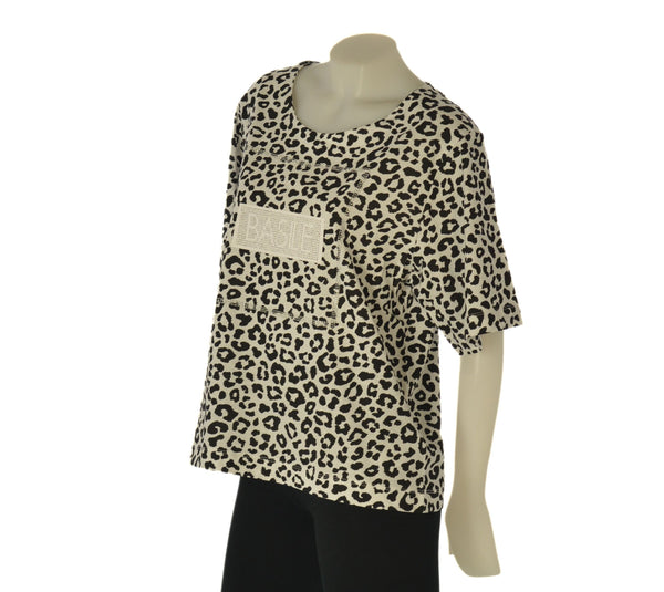 T-SHIRT DONNA BASILE MANICA CORTA JERSEY COTONE FANTASIA ANIMALIER STRASS LOGO ART. BEW237