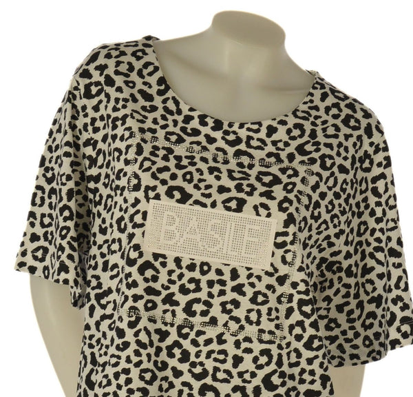 T-SHIRT DONNA BASILE MANICA CORTA JERSEY COTONE FANTASIA ANIMALIER STRASS LOGO ART. BEW237