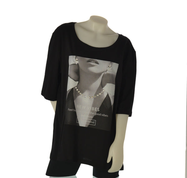 T-SHIRT DONNA SOPHIA TAGLIE OVER SCOLLO A GIRO COTONE STAMPA STRASS ART 26073
