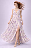 ABITO ABBA ELEGANTE IN VOILE STAMPA DELICATA SCOLLO A V SPALLA LARGA FASCIA IN VITA SPACCO ART EP1596