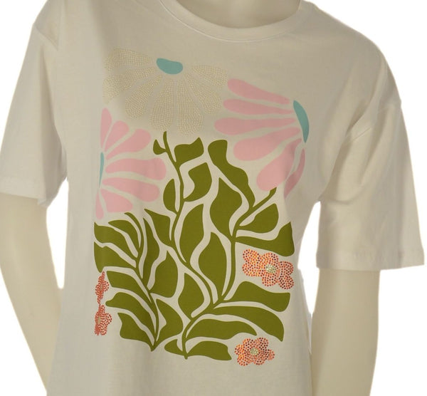 T-SHIRT DONNA GRIFFAI MANICA CORTA AMPIA STAMPA FIORI E STRASS  COTONE ART. DGP7560