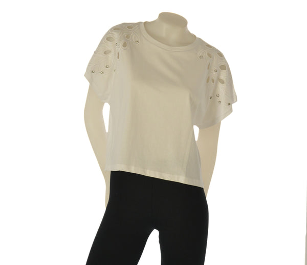 T-SHIRT DONNA GRIFFAI MANICA CORTA CON RICAMI E STRASS COTONE ART. DGP7808