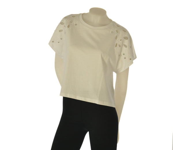 T-SHIRT DONNA GRIFFAI MANICA CORTA CON RICAMI E STRASS COTONE ART. DGP7808
