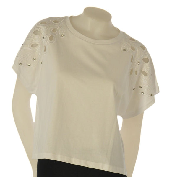 T-SHIRT DONNA GRIFFAI MANICA CORTA CON RICAMI E STRASS COTONE ART. DGP7808