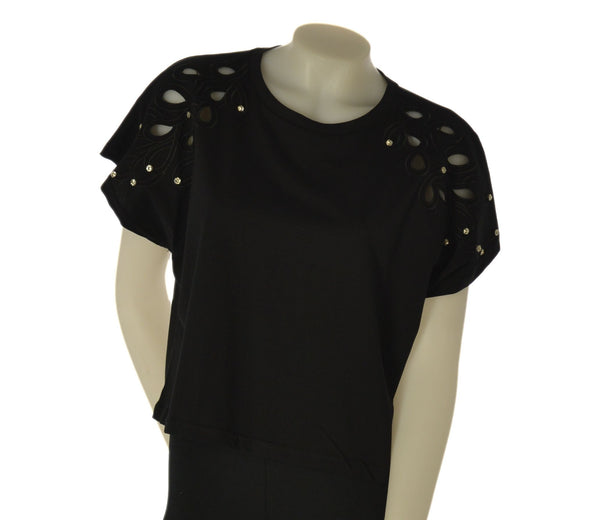 T-SHIRT DONNA GRIFFAI MANICA CORTA CON RICAMI E STRASS COTONE ART. DGP7808