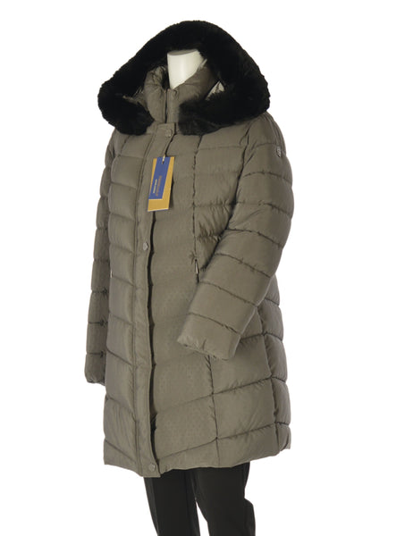 GIACCONE DONNA CONFORMATO ZIP AUTOMATICI TASCHE CAPPUCCIO ECOPELLICCIA MARCA VIRGINIA BLU ART CONF-GISELLA-42L