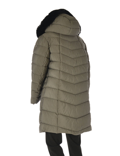 GIACCONE DONNA CONFORMATO ZIP AUTOMATICI TASCHE CAPPUCCIO ECOPELLICCIA MARCA VIRGINIA BLU ART CONF-GISELLA-42L