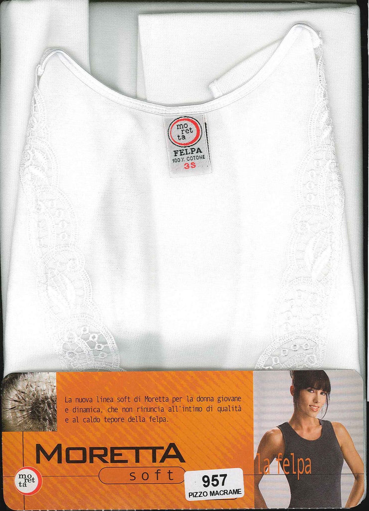 CANOTTA INTIMA SPALLA LARGA DONNA PURO COTONE FELPATO PIZZO MACRAME MORETTA 957