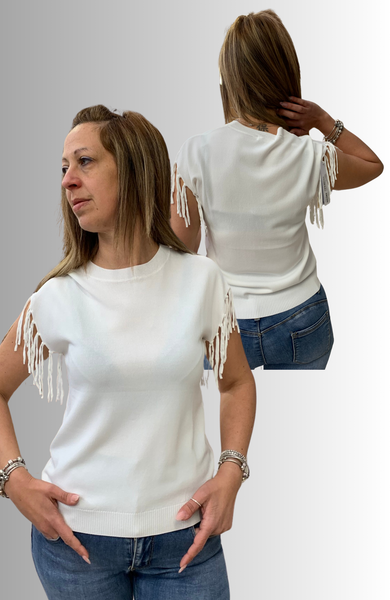 MAGLIA DONNA GIROCOLLO MANICA  FRANGE GRIFFAI ART, 6272