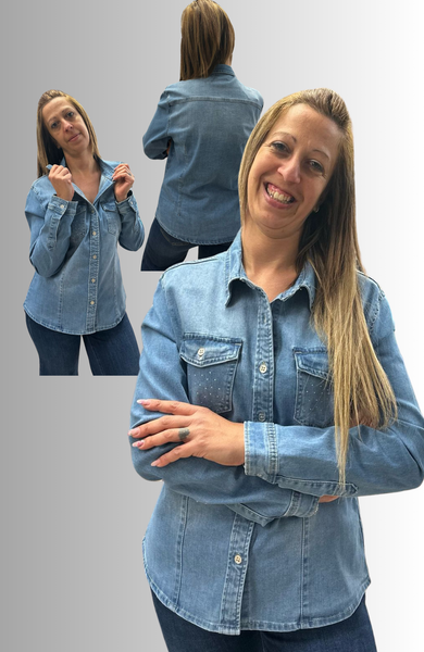 CAMICIA JEANS  MORBIDA MANICA LUNGA TASCHINI DONNA FLAVIA COSTANTI ART. FC101