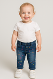 PANTALONE NEONATA JEANS GARZATO RICAMO FIORI TASCHE MARCA LOSAN ART.028 6022AL