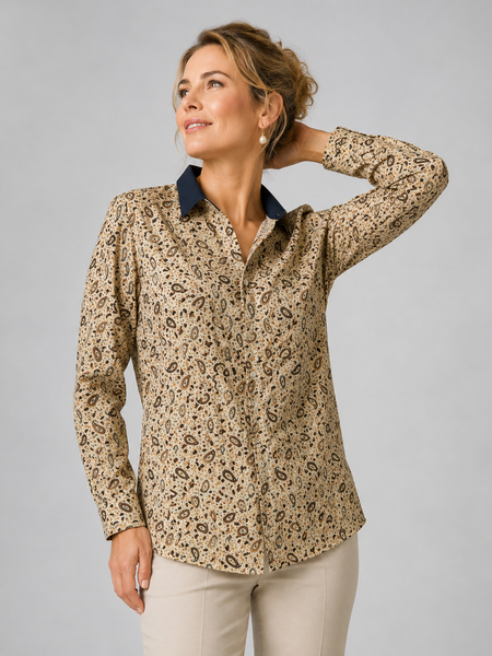 CAMICIA DONNA PERLA FANTASIA CASHMERE BOTTONI POLSINI COTONE ELASTICIZZATO ART. LUISA