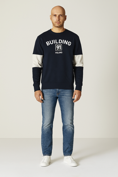 FELPA UOMO GIROCOLLO POLSINI FASCIA LOGO STAMPA MARCA BUILDING-91 ART. M0557
