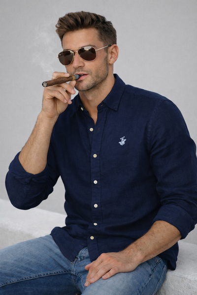 CAMICIA UOMO BEVERLY HILLS POLO CLUB MANICA LUNGA LINO REGULAR FIT LOGO ART. B-URBAN-LINO