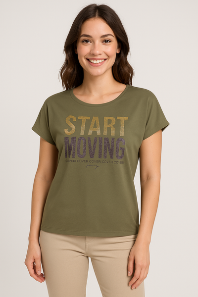 T-SHIRT DONNA COTONE MANICA SCESA GIROCOLLO SPACCHETTI STAMPA STRASS MARCA COVERI ART.DT3063