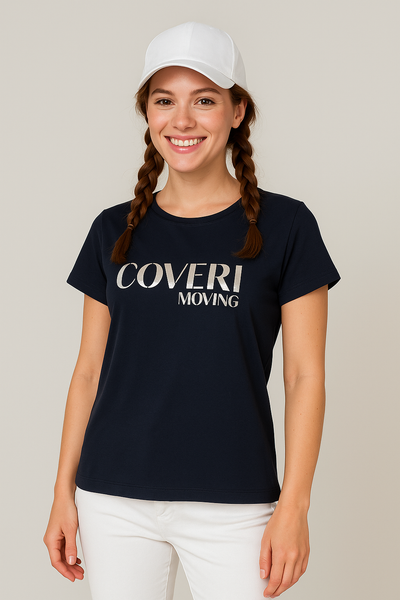 T-SHIRT DONNA MEZZA MANICA GIROCOLLO STONDATA STRASS STAMPA MARCA COVERI ART.DT3059