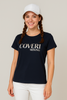 T-SHIRT DONNA MEZZA MANICA GIROCOLLO STONDATA STRASS STAMPA MARCA COVERI ART.DT3059