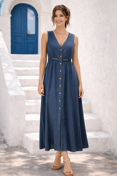 ABITO LUNGO DONNA SMANICATO SCOLLO A V BOTTONI VISCOSA COTONE ART. 6623