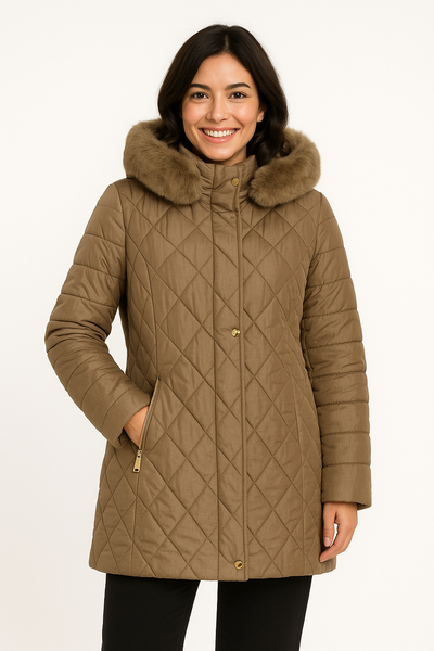 GIACCONE DONNA CONFORMATO ZIP BOTTONI TASCHE CAPPUCCIO ECOPELLICCIA LAVORATO MARCA VIRGINIABLU ART. CONF-REBECCA-41C