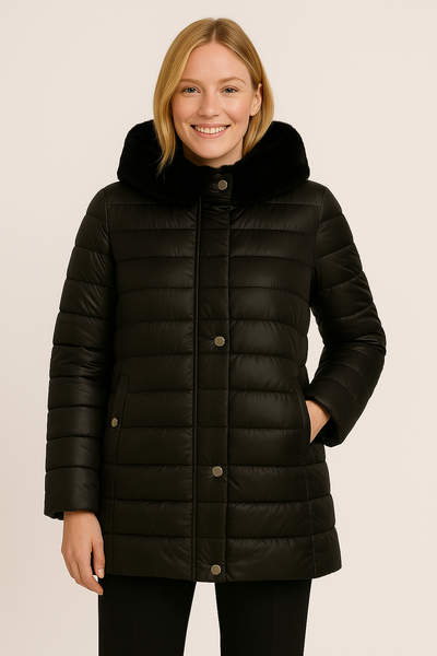 GIACCONE DONNA CONFORMATO ZIP BOTTONI POLSINO TASCHE ECOPELLICCIA CAPPUCCIO LAVORATO MARCA VIRGINIABLU ART. CONF-AVA-11C