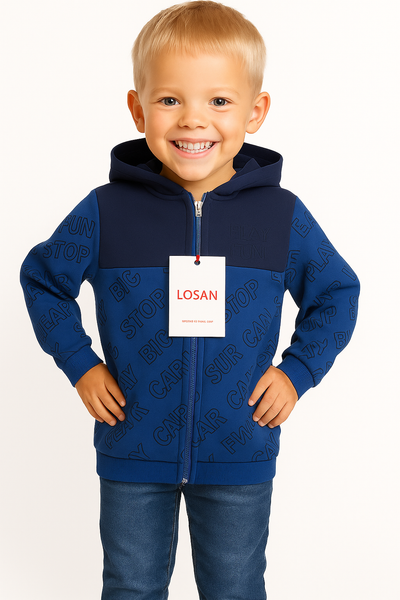 FELPA BAMBINO CAPPUCCIO TERMO COTONE SCRITTA TASCHE MARCA LOSAN ART.1256002AL