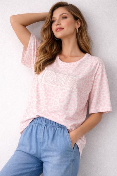 T-SHIRT DONNA BASILE MANICA CORTA JERSEY COTONE FANTASIA ANIMALIER STRASS LOGO ART. BEW237