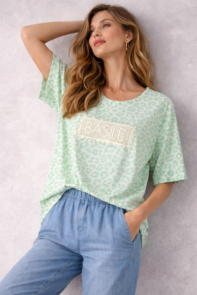 T-SHIRT DONNA BASILE MANICA CORTA JERSEY COTONE FANTASIA ANIMALIER STRASS LOGO ART. BEW237