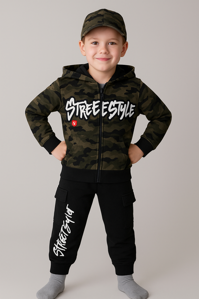 TUTA BAMBINO ZIP COULISSE TASCHE POLSINI CAMOUFLAGE STAMPA MARCA BM ART.AY6128
