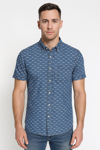 CAMICIA UOMO COTONE MEZZA MANICA TASCHINO SQUALI MARCA LOSAN ART.311-3032AL