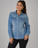 CAMICIA JEANS  MORBIDA MANICA LUNGA TASCHINI DONNA FLAVIA COSTANTI ART. FC101