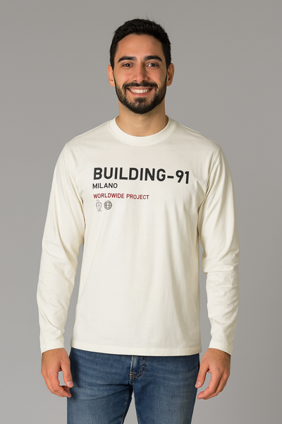 T-SHIRT UOMO COTONE GIROCOLLO MANICA LUNGA STAMPA MARCA BUILDING-91 ART. M0565