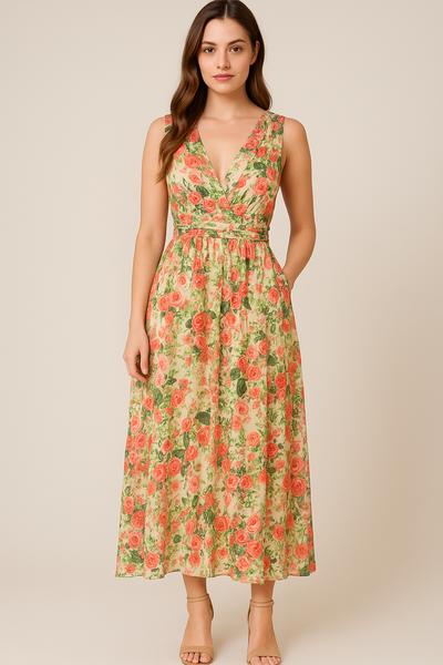 ABITO DONNA ELEGANTE LUNGO FODERATO FLOREALE LEGGERO MORBIDO MARCA  GRIFFAI ART. DGP3410