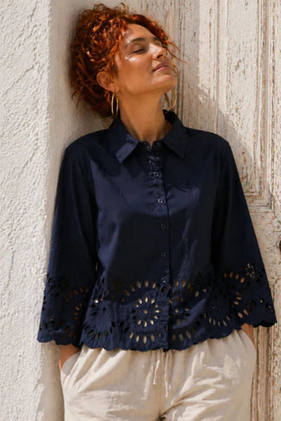 CAMICIA DONNA GRIFFAI MANICHE 3/4 BORDI IN PIZZO POPELINE COTONE ART. DGP8032