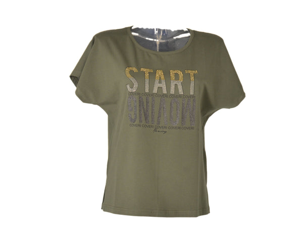 T-SHIRT DONNA COTONE MANICA SCESA GIROCOLLO SPACCHETTI STAMPA STRASS MARCA COVERI ART.DT3063